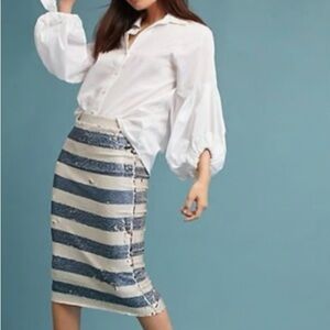 Anthropologie Sequin Blue White Stripe w/Gold Essentiel Antwerp pencil skirt S